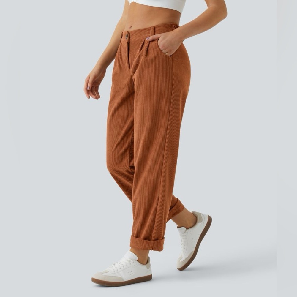 Halara Mid Rise Button Zipper Side Pocket Corduroy Casual Pants